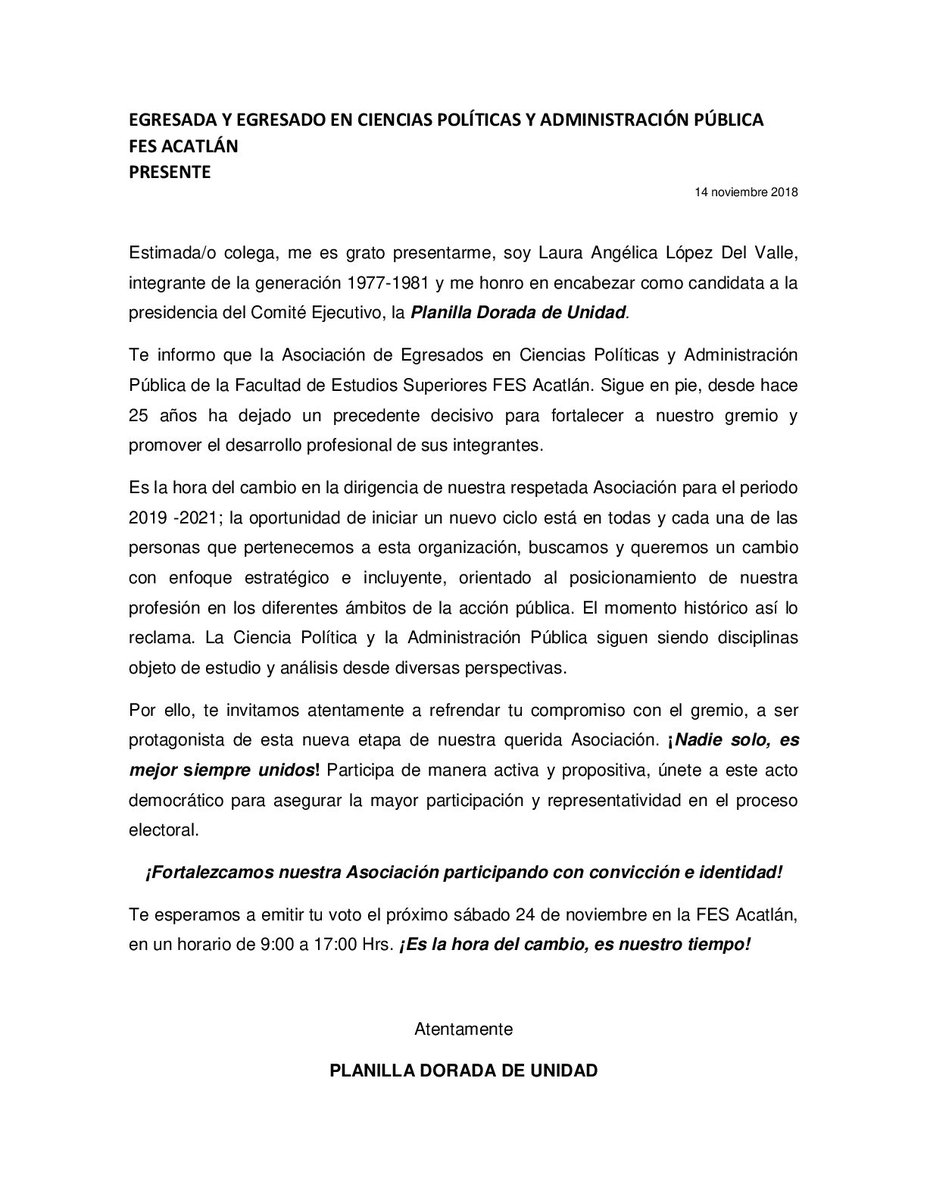 Participar es un principio fundamental en toda asociación. Participa en las siguientes elecciones para la renovación de la mesa directiva de nuestra asociación de <a href="/FESAcatlanCPyAP/">Egresado FES Acatlán</a>... Sábado 24 de noviembre.