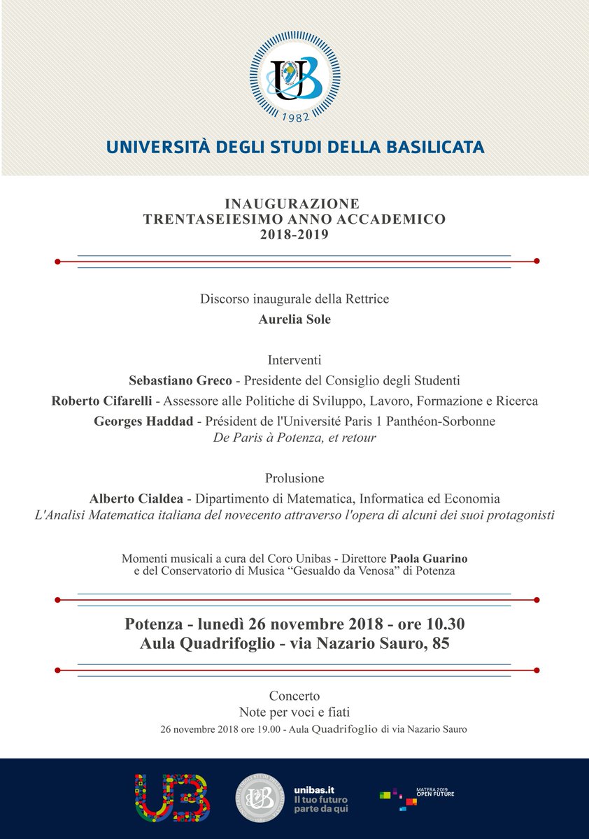 Il programma della cerimonia di inaugurazione del XXXVI Anno Accademico dell'@UniBasilicata: lunedì 26 novembre, ore 10.30, Aula Quadrifoglio della sede di via Nazario Sauro - Potenza #Unibas portale.unibas.it/site/home/in-p…