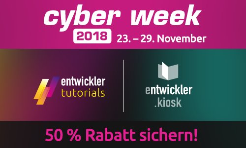 entw_tutorials's tweet image. E-Learning Freunde aufgepasst: die Cyber Week startet ab jetzt! 50 % Rabatt auf alle Video-Tutorials und den entwickler.kiosk Abonnement! Zu den Angeboten: entwickler.tutorials >> bit.ly/2r2ECy8 entwickler.kiosk >> bit.ly/2znXw71