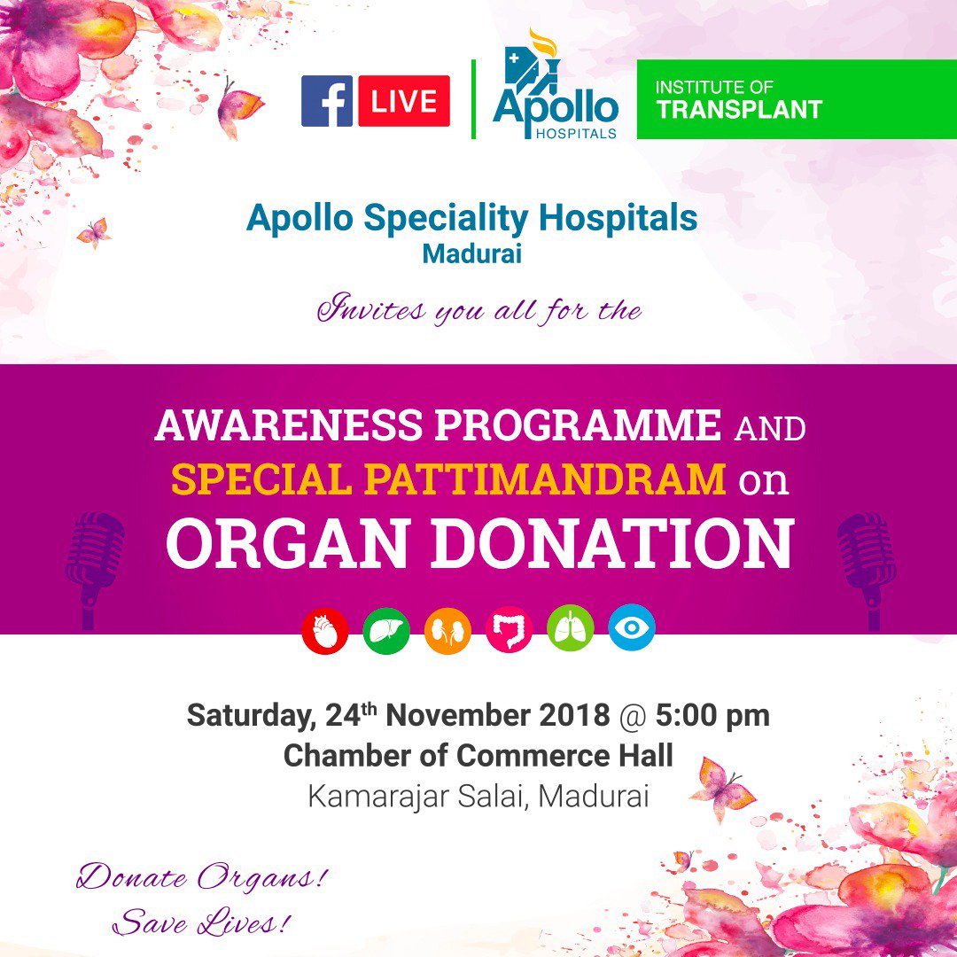 HospitalsApollo's tweet image. Join our #OrganDonation Awareness Program on 24th November 2018 at 5:00 PM. We will also conduct a #FacebookLiveSession from 5:00 PM onwards on @ApolloHospitals Facebook Page - bit.ly/2SruueL
We humbly invite you all to be a part of this prestigious journey.