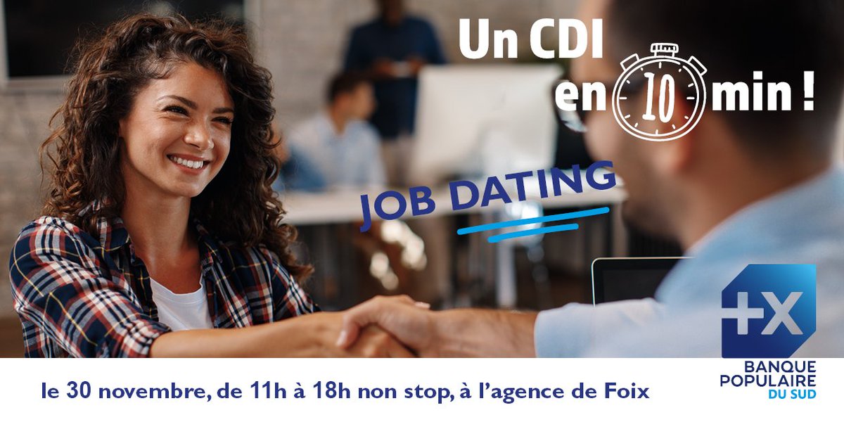 BanquePopSud's tweet photo. [#EMPLOI] #banque #assurance #ariege #jobdating
SAVE THE DATE le 30/11 la #BPSud vous accueillera dans son agence de #Foix pour un nouvel événement recrutement : postes en CDI de chargés d’accueil et de conseillers de clientèle (H/F) sont à pourvoir. Venez rencontrer la team RH. https://t.co/ammFZLGlUU