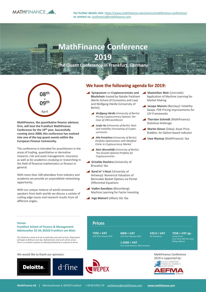 MathFinance's tweet photo. #MathFinanceConference taking place on April 08 - 09, 2019 in Frankfurt is now online. Please check for more information: https://t.co/U0RLBa0fL2 https://t.co/lhXqXaBJAM