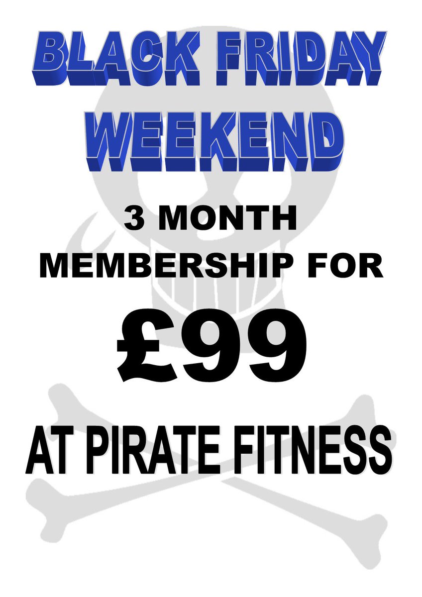 Black Friday Deal now on at Pirate <a href="/pirate_fitness/">Pirate Fitness</a> . 3 months full membership with classes for just £99. Available to buy until 3pm Sunday. Can be used as a Xmas present or for yourself!