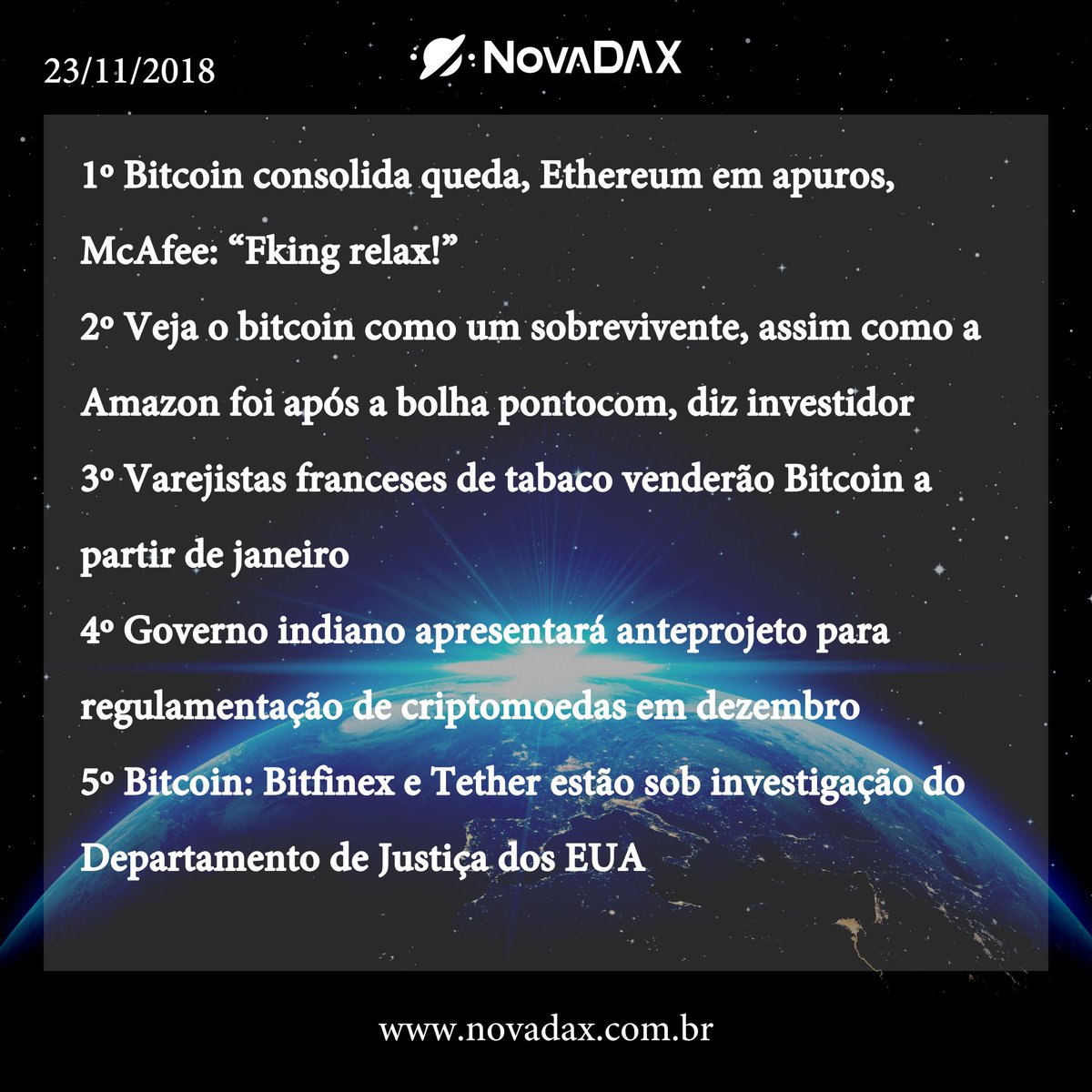 Nova_DAX's tweet photo. #NovaDAXNotíciasCriptomoedas
🌍23/11/2018🌍
Saiba mais informações sobre criptomoedas aqui!

#mercado #bitcoinhoje #blockchain #bitcointrade #criptomoedas #mercadobitcoin #bitcoinhoje #blockchain #bitcointoyou #coinbr #bitvalor #graficos #minaração #XRP #Stellar #LTC #BTC #ETH https://t.co/rqkjbzs2RE