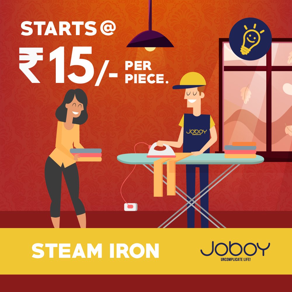 JoboyIndia's tweet photo. JOBOY will ensure that you have perfectly ironed cloths for any occasion. Get FREE Pickup and Delivery for orders above 300 Rs.
Download JOBOY now: https://t.co/f5luoX4svt #UncomplicateLife #JOBOYforEverything
#steamiron #ironing #freepickup #freedelivery #ironingkochi https://t.co/99yUlqIGoS