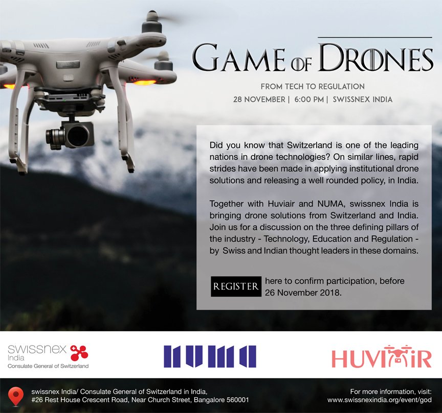 link_innovate's tweet photo. We have partnered with @swissnexindia &amp; @HUVIAiRTECH and organising Game of #Drones on 28 November at Swissnex India. If you are interested, request for an invite to participate: https://t.co/5tvhm793c0. Please spread the word around. https://t.co/YibyQ1QISw