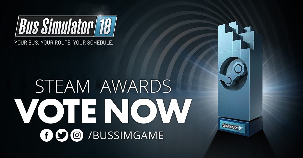 BusSimGame's tweet photo. Bus Simulator 18 has been nominated at this year's Steam Awards. It would be great if you would give us your vote! :-)
https://t.co/7vZaQs3GTZ
#bus18 #nextstopbus18 #games #astragon #stillalive #UE4 #madewithunreal https://t.co/bJhlV2WOdf