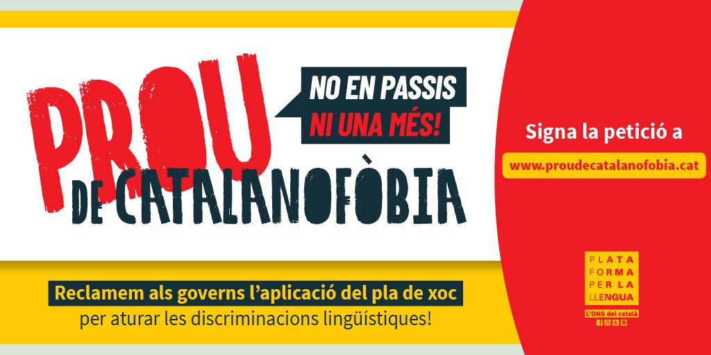 llenguacat's tweet photo. Presentem la campanya #ProudeCatalanofòbia. 

Denunciem els milers de 
discriminacions lingüístiques que es produeixen cada any.

Signa el pla de xoc contra les discriminacions lingüístiques a 
https://t.co/cTOZgljsgJ i reclamem als governs que posin fi a aquesta situació. https://t.co/Ko7bOBdnuP