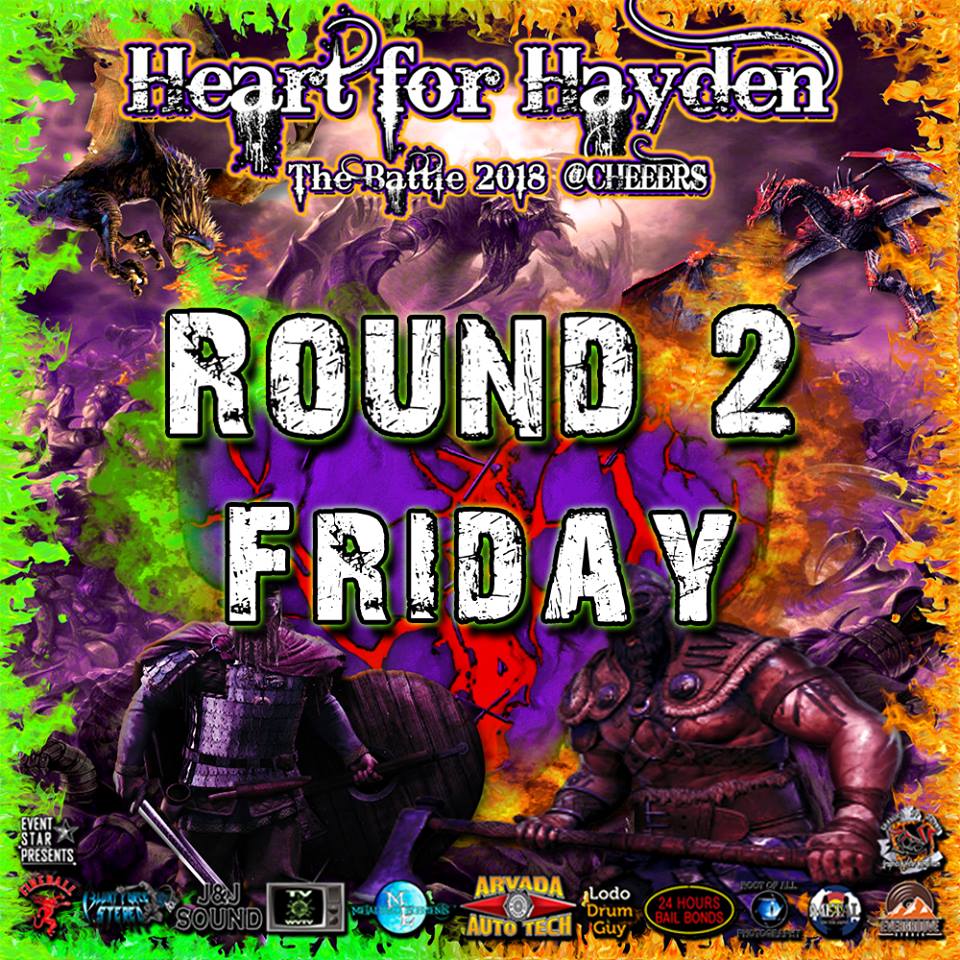EventStarPro's tweet photo. Tonight Round 2 of #HeartForHayden2018 continues @AtCheers in @NorthglennCo with #JohnnyGotRox #MichaelMorrow #ShatteredHalo &amp; #MobForBid Get in on the 50/50 #Raffle every night of #HFH2018 to benefit @JudisHouse for grieving children &amp; families RSVP here https://t.co/Z5XsdYcMfC https://t.co/Yb19PJaAaU