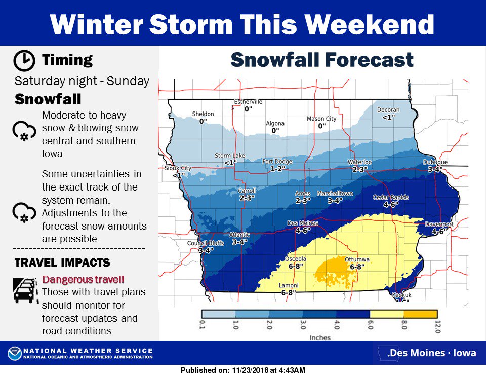NWSDesMoines's tweet photo. Significant winter storm may impact portions of central and southern Iowa Saturday night into Sunday. Moderate to heavy snowfall and blowing https://t.co/tESnQjq8Oh