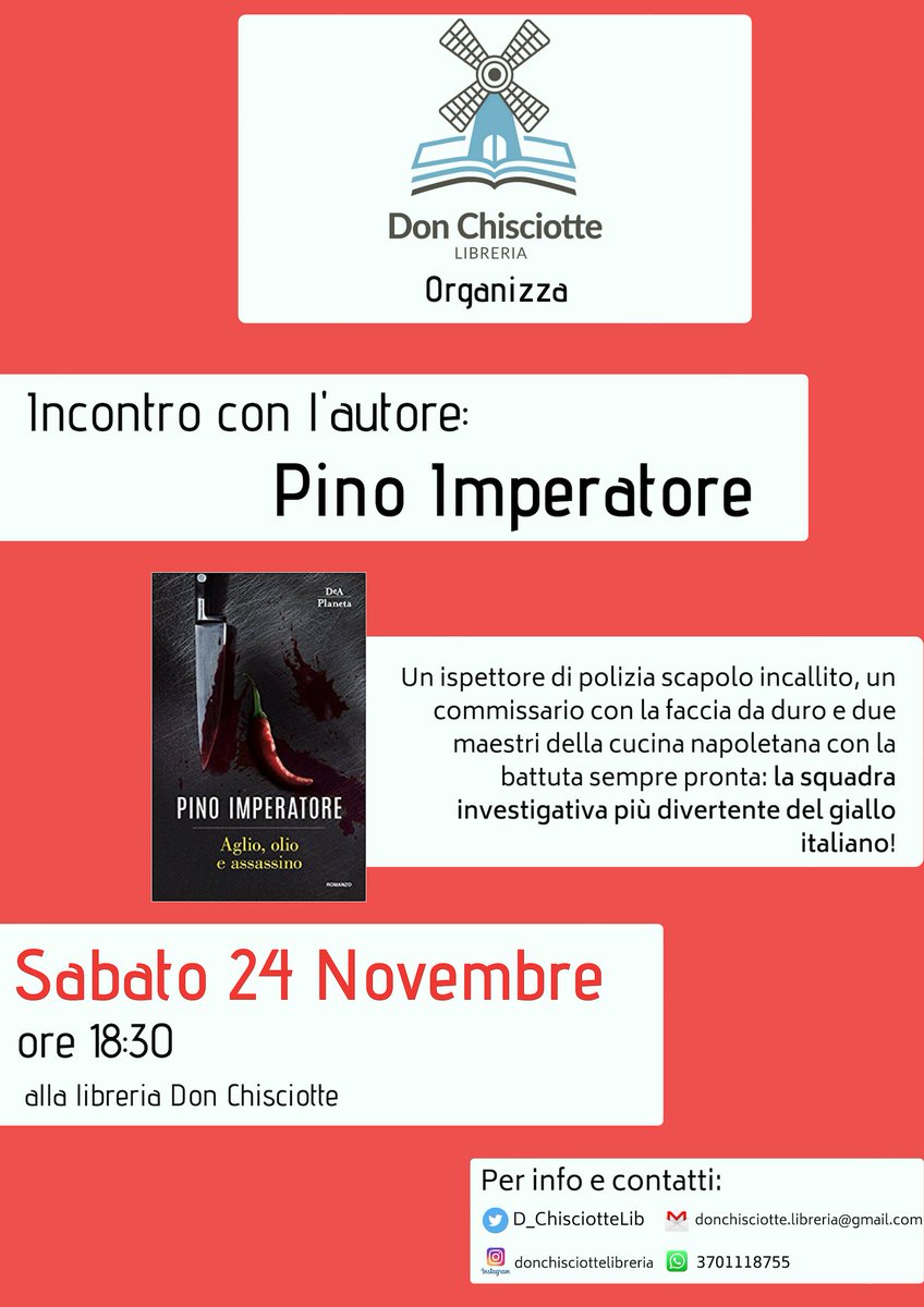 D_ChisciotteLib's tweet photo. Domani in libreria vi aspettiamo per accogliere al meglio lo scrittore Pino Imperatore con cui parleremo del suo ultimo romanzo "Aglio, olio e assassino" 😉
#Napoli #presentazionilibri #libri #gialli #donchisciotte https://t.co/Lp4MRm21Qt