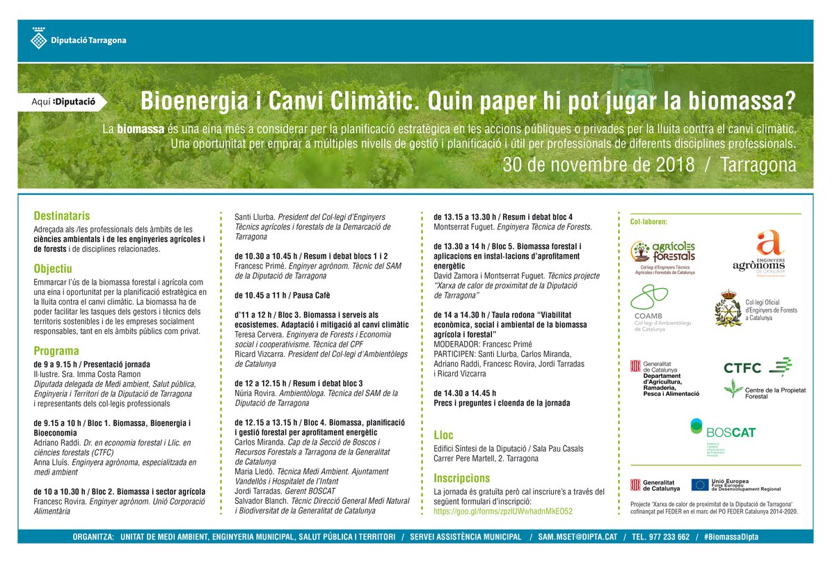 ruralcat's tweet photo. 📌Jornada "Bionergia i Canvi Climàtic. Quin paper hi pot jugar la biomassa?" el 30/11 a 9h a Tarragona. #PATT2018 @agriculturacat @Eng_Agronoms @Dipta_cat @ctforestal @fedboscat @cpforestal @COAMBcat ℹ️ https://t.co/nzMWGAXHBY https://t.co/TINMI3vHy5