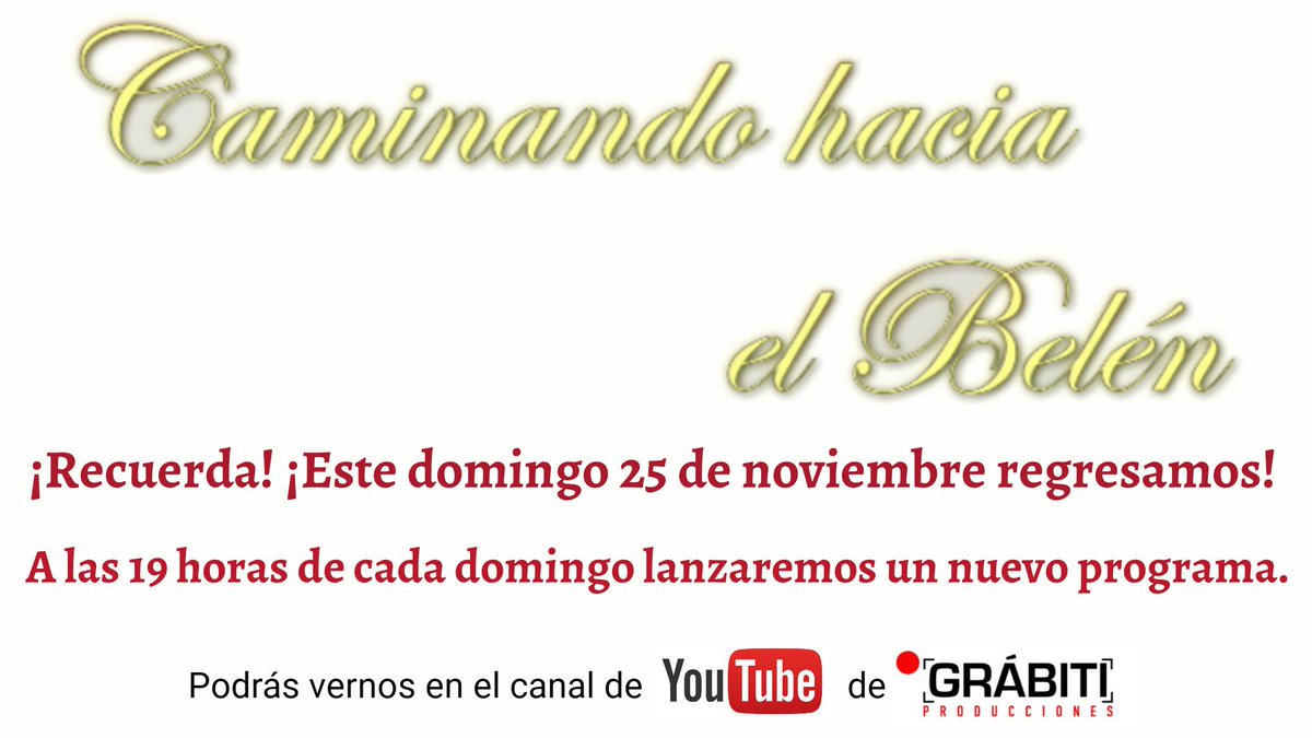 CaminandoaBelen's tweet photo. ¡Este domingo, por fin, es el día! Vuelve #CaminandoHaciaElBelén con su sexta temporada al canal de YouTube de @GrabitiProd. A partir de las 19 horas estará disponible el primer programa.
➡️https://t.co/XR99bmGL1f
#TDSNavidad #Navidad2018 #ASacro #BelenismoPatrimonioHumanidad https://t.co/cj6g7ubQqn