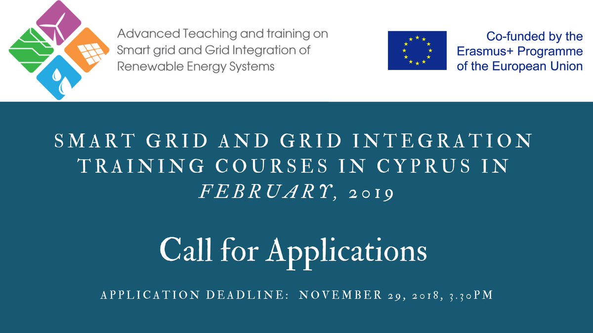 ATSGIRES's tweet photo. ***Call for Applications: Erasmus+ Smart Grid Training***

Are you interested in Smart Grid? Are you a master student or are you at least in your fourth year of your bachelor program. Check it out!

Deadline: 29 November 2018, 3.30pm

https://t.co/jDzP3MhGeV https://t.co/mZLnhWwIos
