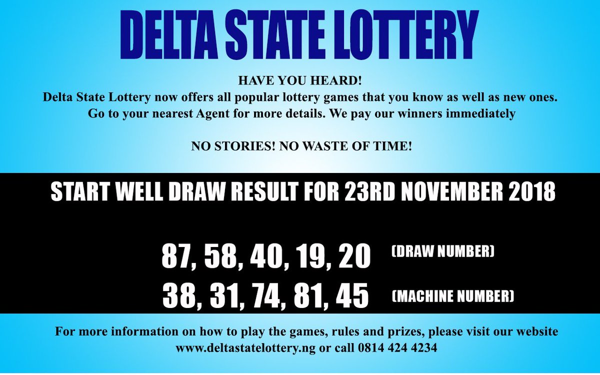 deltastatelotto's tweet photo. START WELL DRAW RESULT FOR 23RD NOVEMBER 2018:

87, 58, 40, 19, 20 (DRAW NUMBER)
38, 31, 74, 81, 45 (MACHINE NUMBER)

WE ARE CURRENTLY RUNNING A PROMO
All you need to do is PLAY with a minimum of ₦200 on a TICKET daily and stand a chance of winning FANTASTIC PRIZES https://t.co/9PmVBUxgTo
