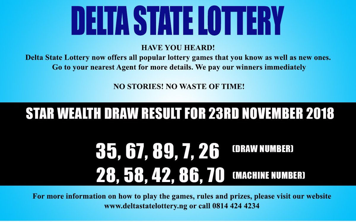 deltastatelotto's tweet photo. STAR WEALTH DRAW RESULT FOR 23RD NOVEMBER 2018:

35, 67, 89, 7, 26 (DRAW NUMBER)
28, 58, 42, 86, 70 (MACHINE NUMBER)

WE ARE CURRENTLY RUNNING A PROMO
All you need to do is PLAY with a minimum of ₦200 on a TICKET daily and stand a chance of winning FANTASTIC PRIZES https://t.co/CBNuaBA1Mb