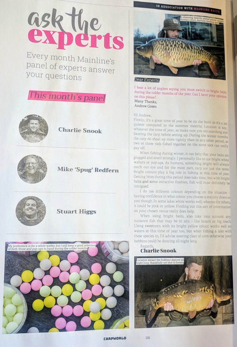 Charlie_Snook's tweet photo. This months magazine I had the opportunity to help with answering a question on winter tactics. Don't forget to pick up you yours on this link below
https://t.co/s5AriJSoGl 

#carpworldmagazine #MainlineBaits #decemberissue #magazine https://t.co/iHg1P1bDlR