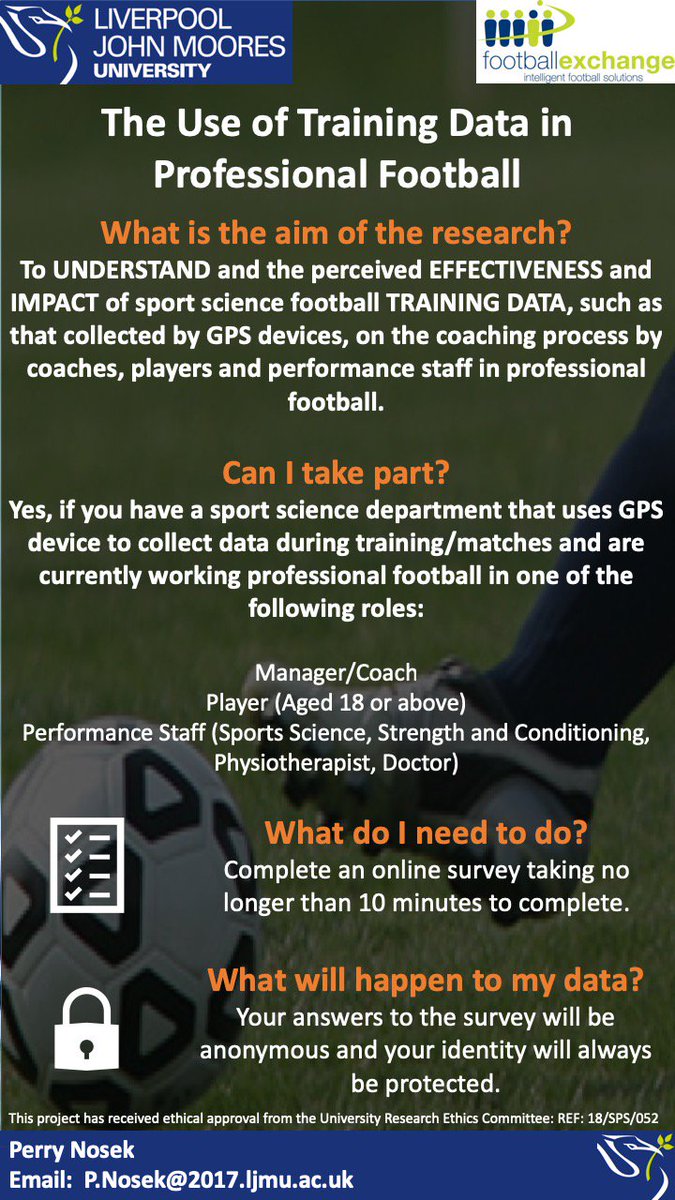 If you work in professional football please could you take 5-10 minutes to complete a short survey examining the effectiveness and impact of training data. Performance staff: surveymonkey.co.uk/r/DKYQ7S9; Coaches: surveymonkey.co.uk/r/D8VHWQ2; Players: surveymonkey.co.uk/r/DLJNW7Z. Please RT ⚽️