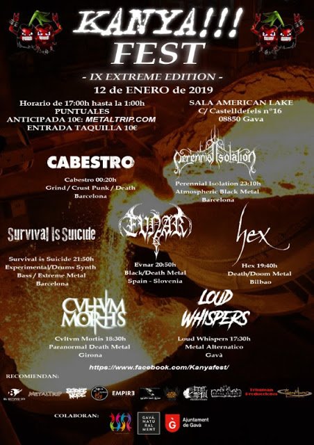 Cartel completo del KANYA!!! EXTREME FEST el próximo 12 de enero

goo.gl/7scbn7

<a href="/evnar666/">EvnaR</a> <a href="/PIblackmetal/">Perennial Isolation</a> <a href="/SurvivalSuicide/">Survival Is Suicide</a> <a href="/CultumMortis/">Cultum Mortis</a>