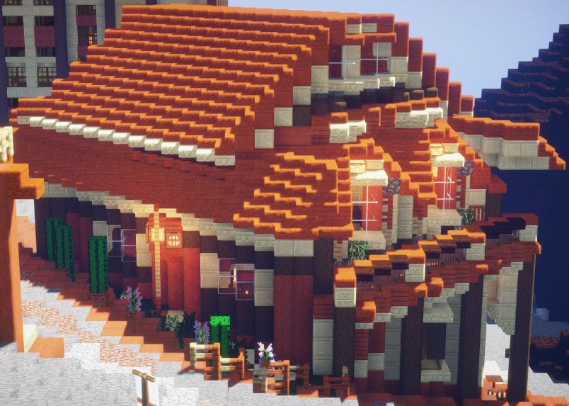 やんひの マイクラピア 新しく作り始めた地区に砂岩主体の酒場を建てたよ 赤砂岩と剥いだアカシア原木の相性が良いんだな Minecraft建築コミュ