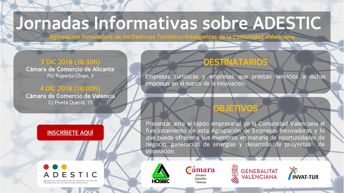 Si deseas conocer con más detalle ADESTIC y todo lo que puede ofrecer a tu empresa, puedes inscribirse en las Jornadas informativas que se van a celebrar en las Cámaras de Comercio de Alicante (3 dic, 16:30h) y Valencia (4 dic, 10:00h). goo.gl/forms/poi2njHG…