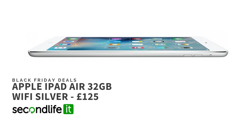 Secondlife_IT's tweet photo. Amazing #BlackFriday on an Apple iPad Air 32GB WiFi Silver - £125. By choosing #refurbished over new and you'll make huge cost savings and help the environment too. #secondlifeIT https://t.co/AOF8R1kyvb https://t.co/6SCgt5lI1H
