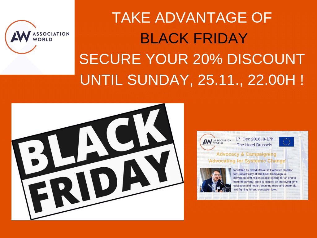 AssocWorld's tweet photo. BLACK FRIDAY, receive your 20% discount until Sun evening 22h ! #Advocacy & #Campaigning #workshop Monday, 17.12.2018
Info / Registration here:
https://t.co/sWz2ZJaCQ4
#blackfriday #associations #nonprofits #publicaffairs #communications #policyofficers #impact #inspireaction https://t.co/avSXu4whim