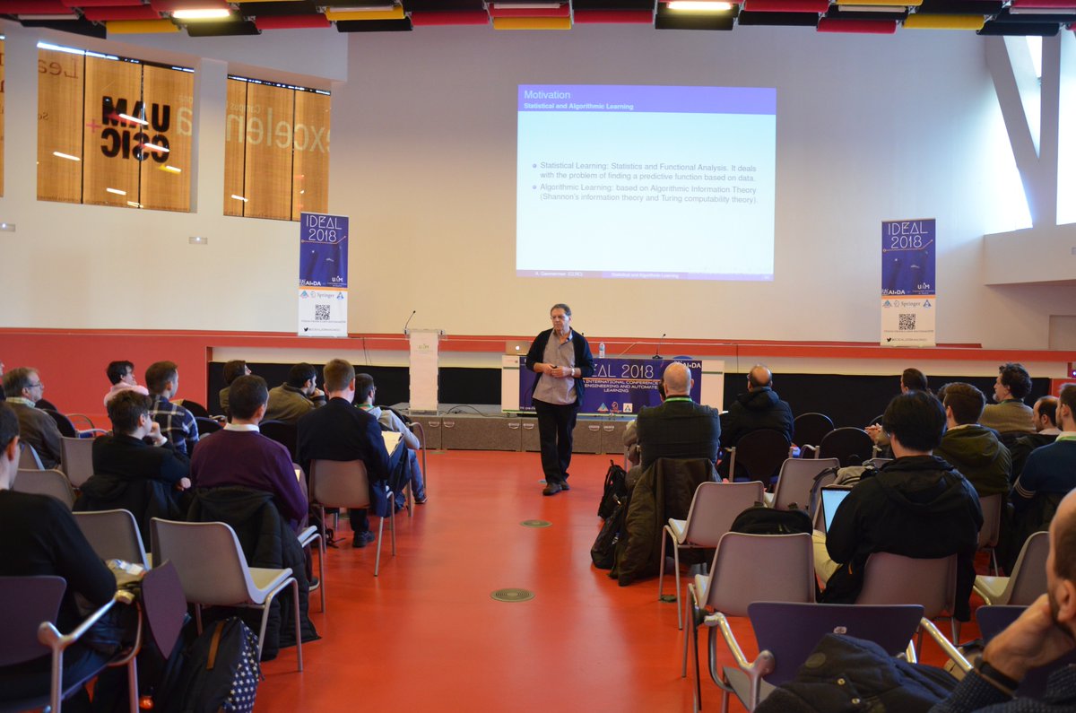 IDEAL2018Madrid's tweet photo. Now it is time for the plenary talk given by Alexander Gammerman, "Statistical and Algorithmic Learning". https://t.co/X8bNEl9915