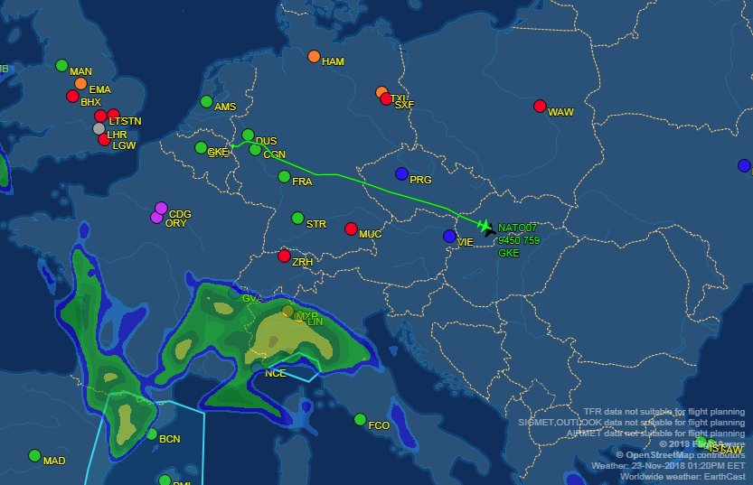 AiWaelBot's tweet photo. ✈️LX-N90450 #4D03C8 #NATO07 Boeing E-3A Sentry #E3CF tracking over #Slovakia 🇸🇰 Takeoff at 12:15PM EET from #NATO AIR BASE #GEILENKIRCHEN AIRPORT, GERMANY 🇩🇪 https://t.co/8sZdtGFp8T