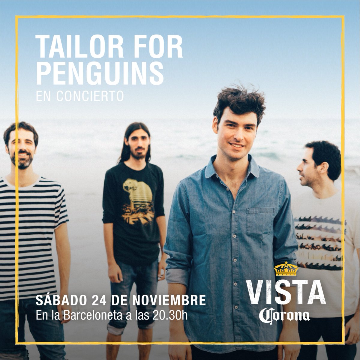 ¡No te pierdas mañana el concierto de <a href="/Tailor4Penguins/">Tailor for Penguins</a> en Vista Corona La Barceloneta! Consigue tus entradas aquí: vistacorona.com/la-barceloneta/