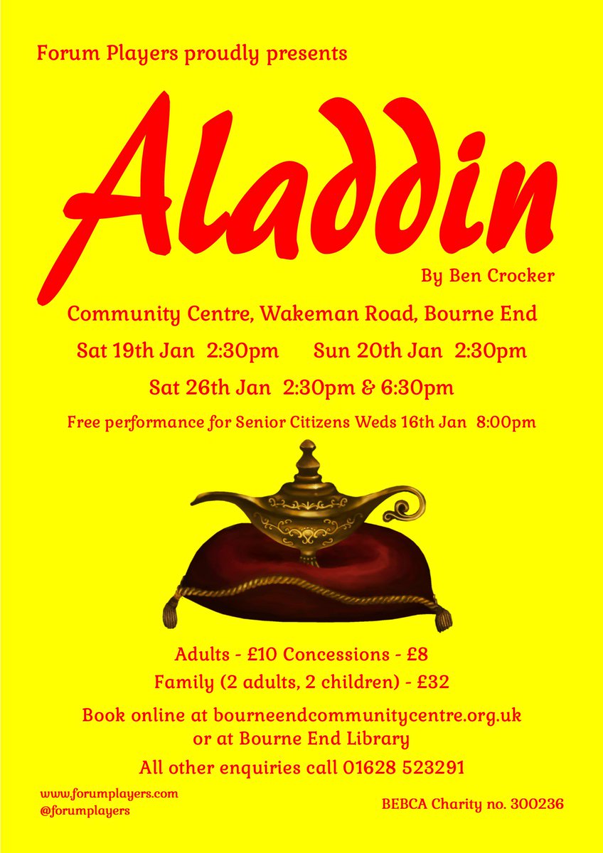 ForumPlayers's tweet photo. In this season's panto will the dastardly Abanazzar secure all the riches and power that he craves or will Aladdin win the day (and the heart of the Princess Jasmine)? All the usual slapstick, laughs and musical numbers in this fab-u-lous family show. Tickets on sale now! https://t.co/nkY5py8fxf