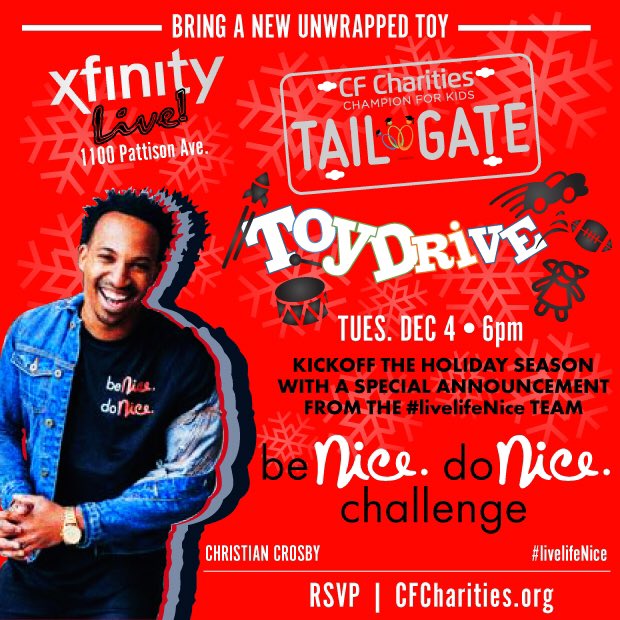 livelifenice's tweet photo. Excited to announce along with Rodney Mcleod, @TheQonFox and #cfcharities the “Tail Gate” Toy Drive this year at @XfinityLive 🚨Please join us in our mission to make this holiday season special for deserving children. More details https://t.co/o4sVzSq9IT #livelifeNice https://t.co/z1unclUyzK