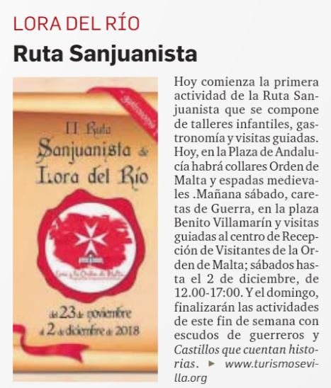 aytoloradelrio's tweet photo. Información en el @diariosevilla de hoy viernes sobre el inicio de la II Ruta Sanjuanista de #loradelrio, que se prolongará hasta el domingo 2 de diciembre #AECLO #ACAL @Luisa_Cava @turismolorario @prodetur @ordendemalta @OrdendeMaltaEsp https://t.co/OGQH3Nwp4M