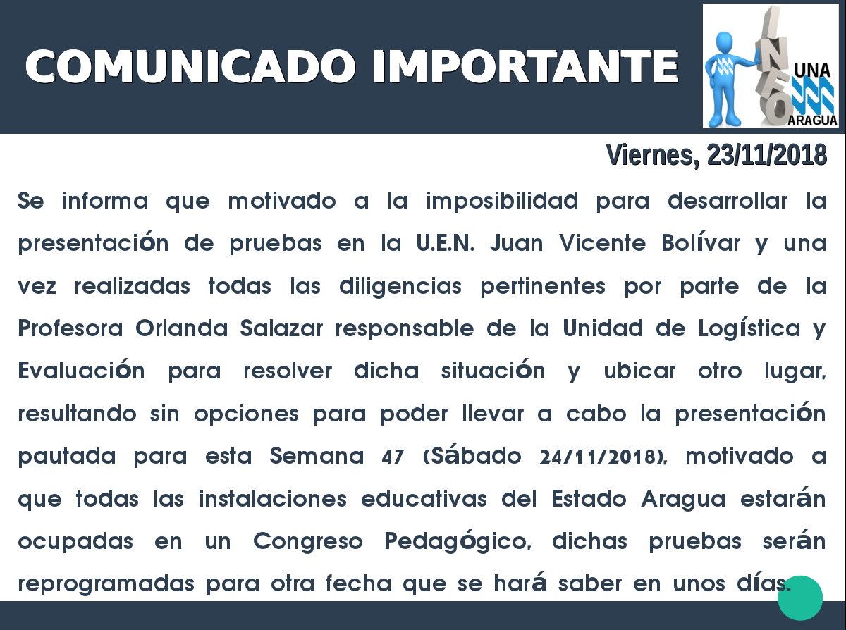 #23Nov2018 #Comunicado #Importante #PresentaciónDePruebas <a href="/UNA_Aragua/">U.N.A.Aragua Oficial</a>