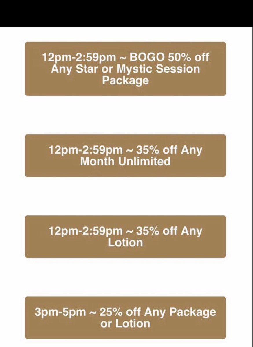 FourSeasonsTan's tweet photo. Alright our next set of deals start in 10 min! You still have 10 minutes to get 75% BOGO , 50% of any month unlimited, and 50% off lotions!! 

Don’t forget our 50% off 1st month billing for our VIP packages will run all day https://t.co/TMQNfwHO1Q