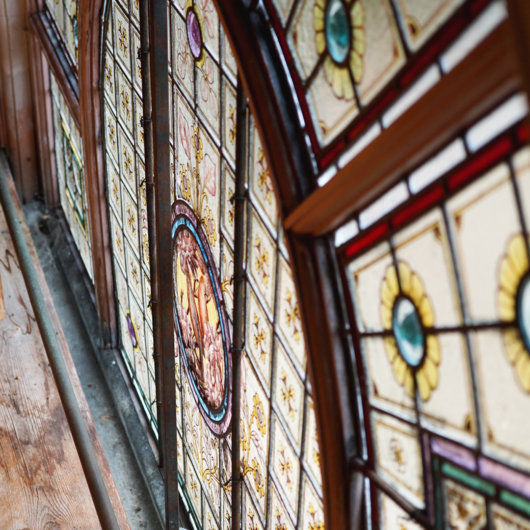 The stained glass fanlight up close <a href="/PowellCotton/">Powell-Cotton Museum</a> Quex Park, Birchington in Kent