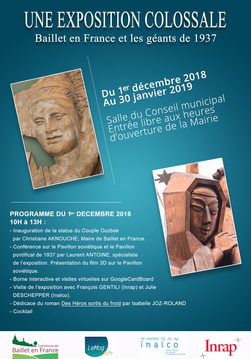 <a href="/NotreDame_Fr/">Notre Dame de France</a> 
Exposition croisée des pavillons soviétiques et pontificaux de 1937 à Baillet en France, aux sources des sculptures soviétiques découvertes à Baillet mais aussi du Sanctuaire Notre Dame de France  à Baillet également 
1er Décembre-30 janvier mairie de Baillet