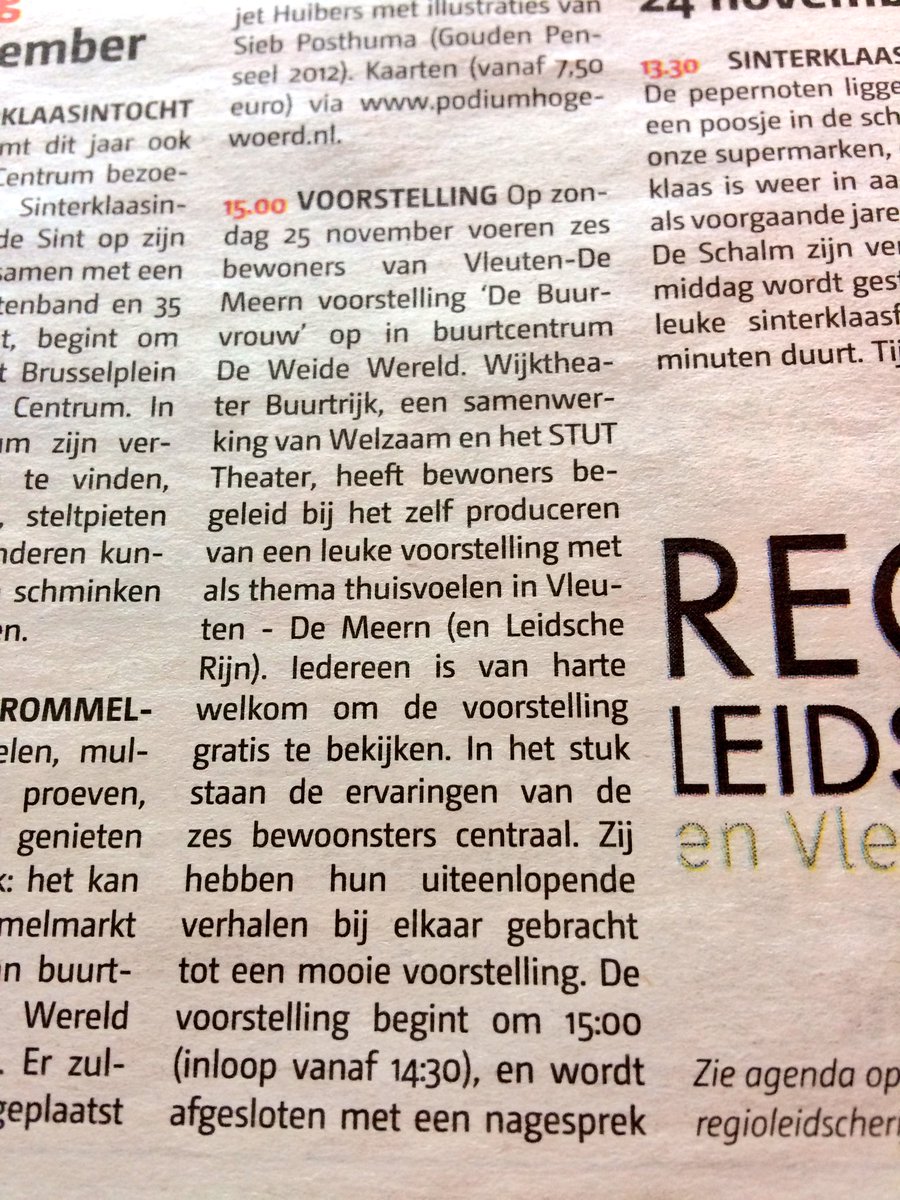 Onze Eva heeft de afgelopen weken theaterworkshops gegeven in Vleuten-De Meern. Komende zondag voeren zes bewoonsters hun voorstelling #DeBuurvrouw op in buurtcentrum De Weide Wereld! <a href="/WelzaamSuzan/">WelzaamSuzan</a> <a href="/WelzaamNadoua/">Nadoua Dahmane</a> #BuurtRijk
