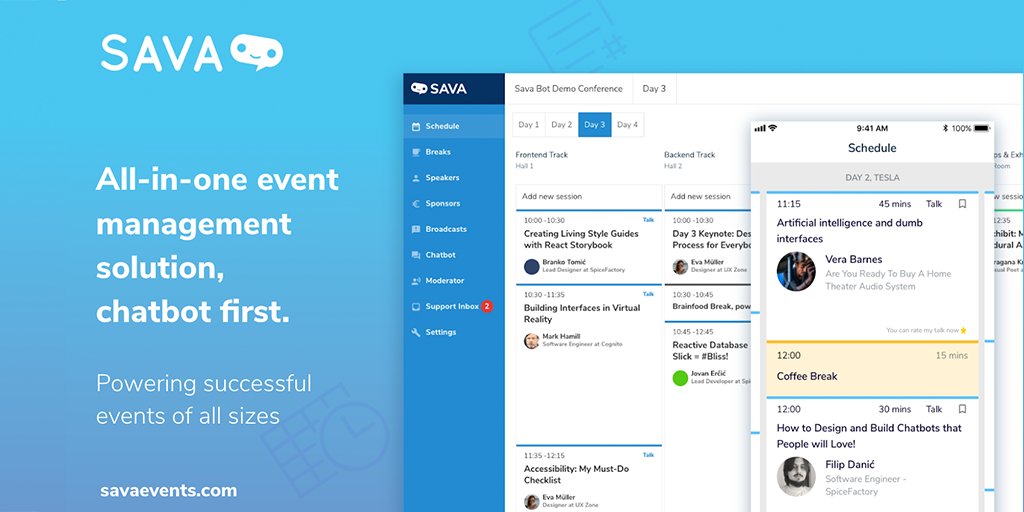 SavaEvents's tweet photo. Solve all key event management and attendee communication issues with #SavaEvents. Launch your event website, mobile app, and #chatbot from a single platform.

Try Sava for FREE ➡️https://t.co/RcFeyZc9Oz

#eventprofs #eventtech #meetingpros #eventmanagement https://t.co/duHSHN2p9i