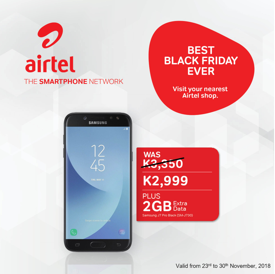 Airtel_Zambia's tweet photo. You can’t afford to miss this deal. Get up to 12% off on the Samsung J7 Pro Black (SM-J730) and enjoy 2GB Extra Data this Black Friday. Offer valid up to end of this month. https://t.co/lpCjtuW38N