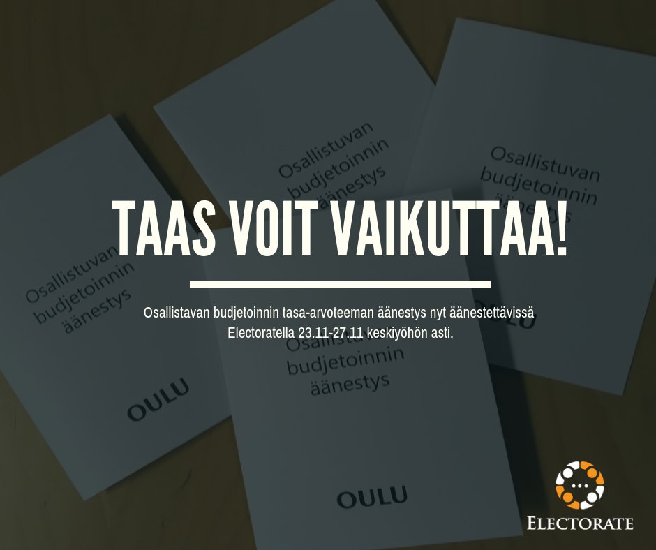 Electorate_EU's tweet photo. Hei kaikki Oululaiset :) ! 

Voitte jälleen äänestää Electoratella osallistavan budjetoinnin päätöksiin liittyen. Nyt teemana tasa-arvo! 

Äänestystuloksen perusteella jaetaan 10 000€ useamman ehdotuksen kesken. #oulu #vaikuta #electorateEu

Latauslinkki
https://t.co/TIdH3mIOh9 https://t.co/2c5GfpZdLP