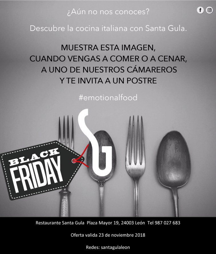 SantaGulaLeon's tweet photo. ¿ Black o White Friday ? ¿ Que te apetece ?

#BlackFriday2018 #santagulaleon #restauranteitaliano #tapas #vino #leonesp #ostra #pasta #plazamayor #pescado #postre @diariodeleon @LeonUPildefe https://t.co/NwmylDhsqE