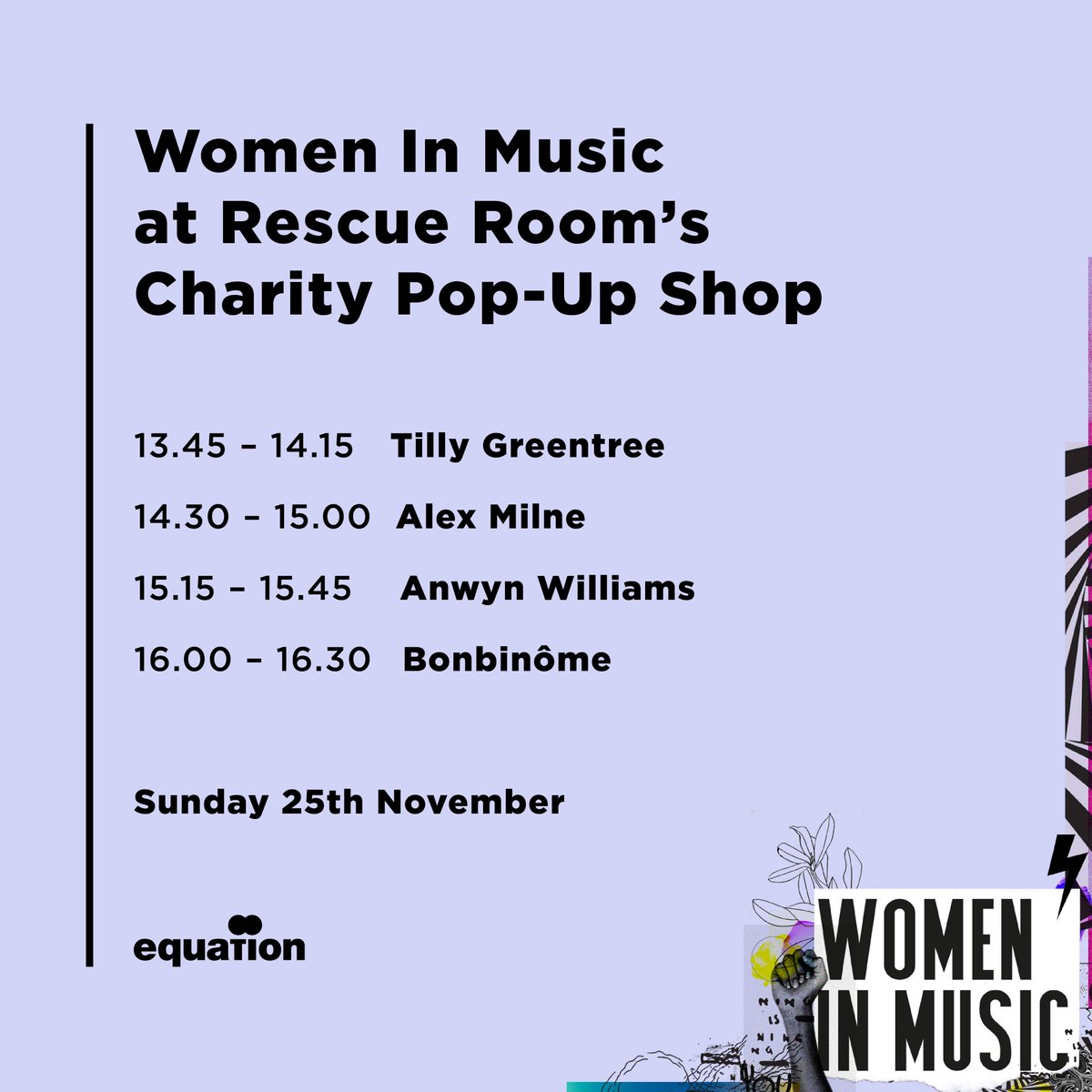 This Sunday we'll be at <a href="/rescuerooms/">Rescue Rooms</a> as part of the @EquationOrg charity pop-up shop! We've got some lovely music lined up for you - head down from 1.30pm, grab yourself some clothes &amp; raise money for a wonderful charity! Tix: bit.ly/2S9h4Tz #womeninmusic #genderequality