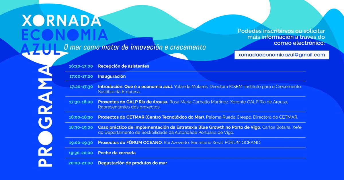 GALPRiadeArousa's tweet image. 11 decembro | Xornada de economía azul en @conce_vilanova para poñer en valor o #mar como motor de innovación e crecemento, con #Icsem, @FundacionCETMAR @Puerto_de_Vigo @forumoceano  ow.ly/AJmK30mJ00e