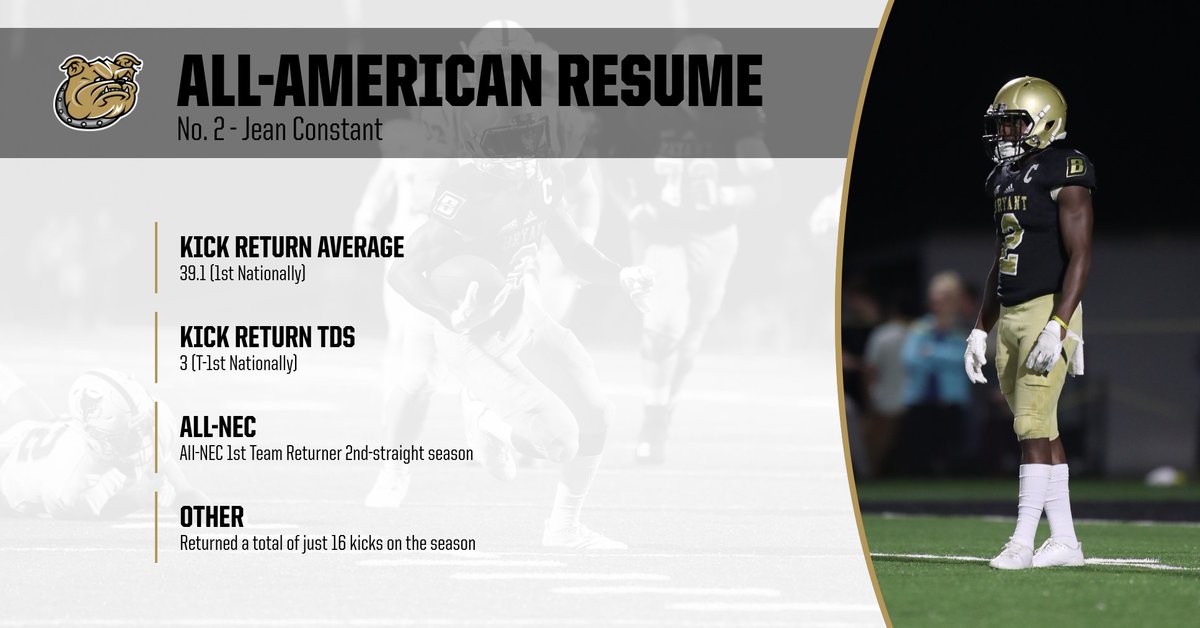 BryantUFootball's tweet photo. Jean Constant had quite the season.
Even with teams kicking away from him, Constant led the country with 39.1 yards per return and a single-season program record 3 return TDs.
#VoteJean #PlayFAST https://t.co/DOZg6DgUaW