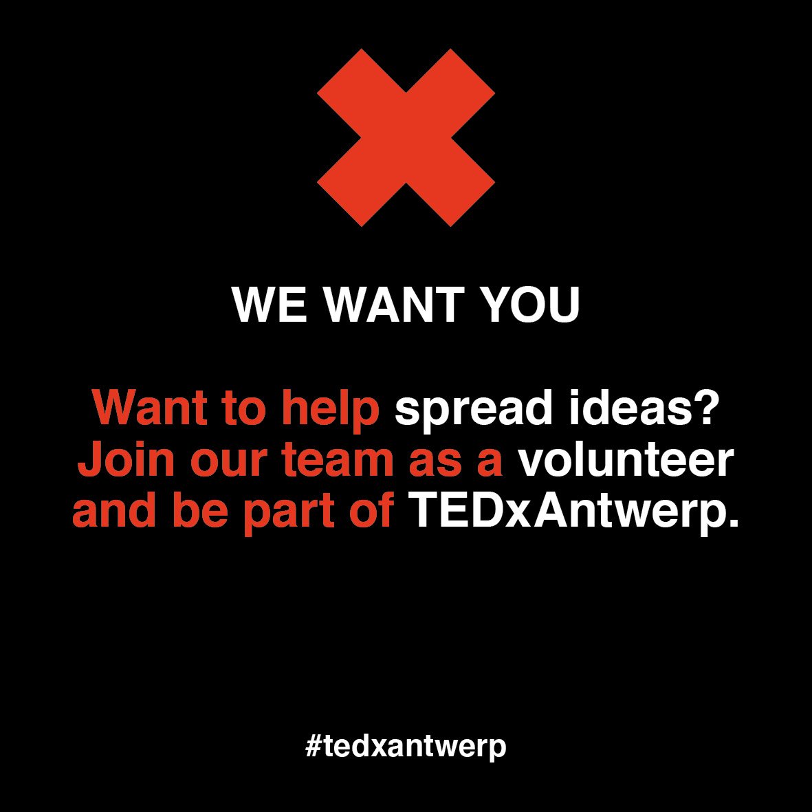Attention dear TEDxAntwerp aficionados! 
Missed your chance to buy a ticket for #TEDxAntwerp2018 or would you simply love to get acquainted with the inner workings of TEDx in general? 
Contact volunteers@tedxantwerp.be now and join us on December 16th at Arenberg Schouwburg!