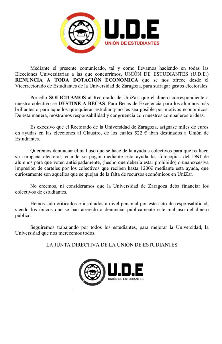 udearagon's tweet photo. Acabamos de renunciar a una cuantiosa subvención pública: 522€, creemos que la representación estudiantil no debería costarte NADA https://t.co/xmTMjeDGQK