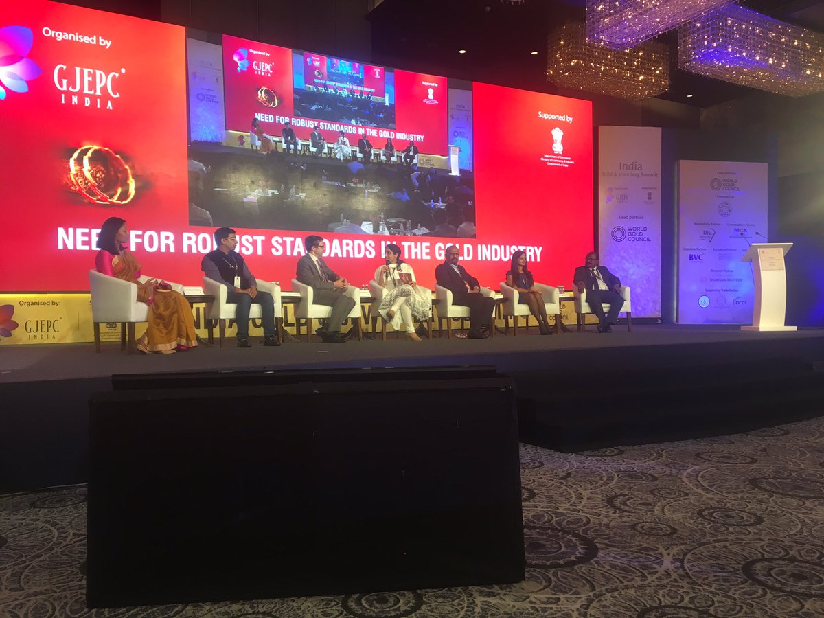 GJEPCIndia's tweet photo. Our panel discussion for "Need for robust standards in gold industry" begins with industry leaders like Mr. Terry Heymann @GOLDCOUNCIL and Ms. Rashmi Dastidar @MMTCPAMP sharing their insights at #IGJS2018 https://t.co/EIv08Z2xXy