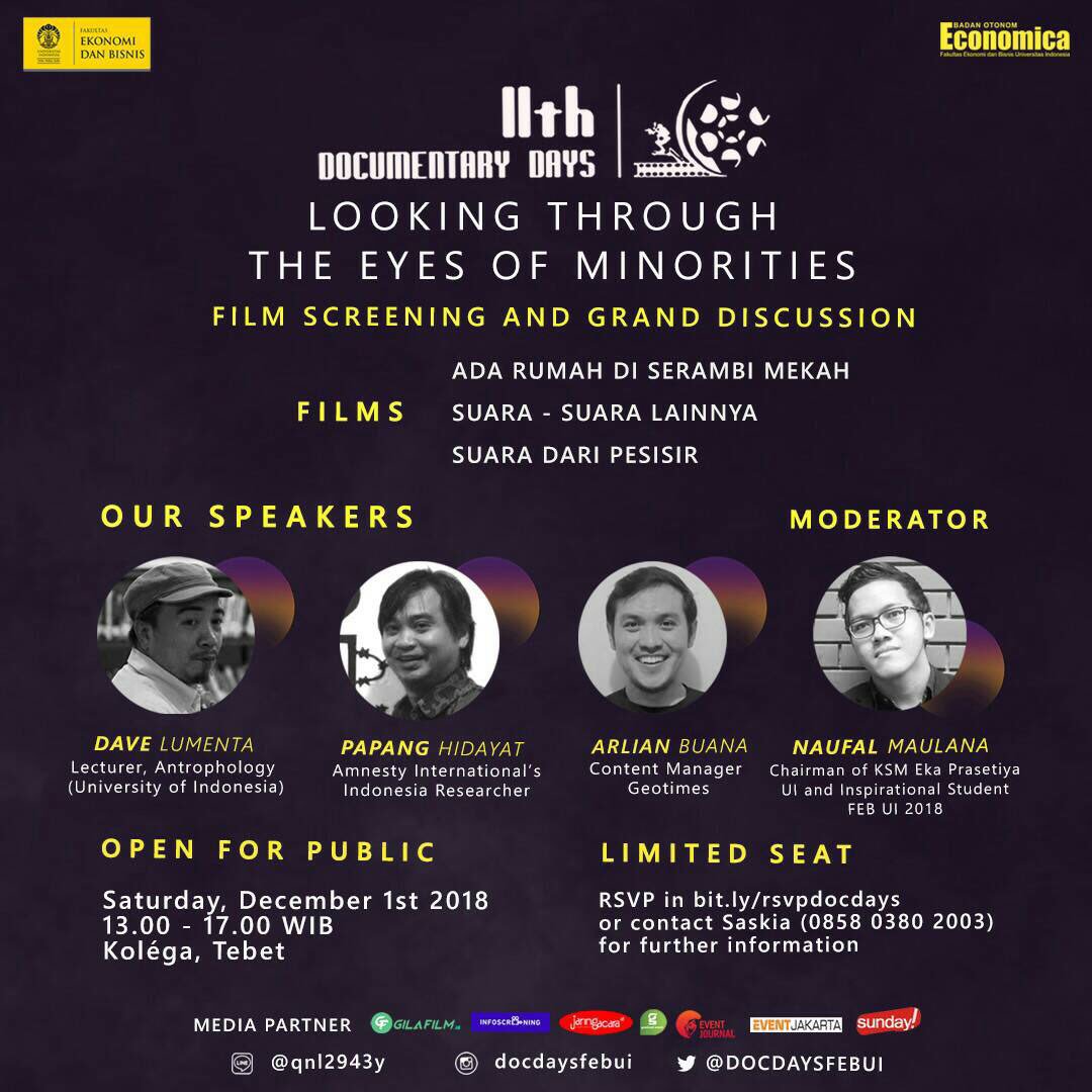 boeconomica's tweet image. @docdaysfebui &quot;Looking Through The Eyes of Minorities&quot; dengan pemutaran dan diskusi film dokumenter pada Sabtu, 1 Des 2018 di Kolega, Tebet. RSVP bit.ly/rsvpdocdays (Saskia: 0858 0380 2003)