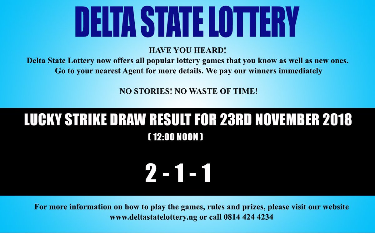 deltastatelotto's tweet photo. LUCKY STRIKE DRAW RESULT FOR 23RD NOVEMBER 2018:

2 - 1 - 1

WE ARE CURRENTLY RUNNING A PROMO
All you need to do is PLAY with a minimum of ₦200 on a TICKET daily and stand a chance of winning FANTASTIC PRIZES https://t.co/75SZaA8wGU